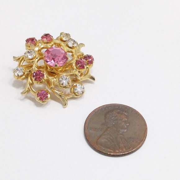 Coro Pink Rhinestone Brooch, Gold Plated Scatter Pin, 1940s Vintage Jewelry - Picture 6 of 10